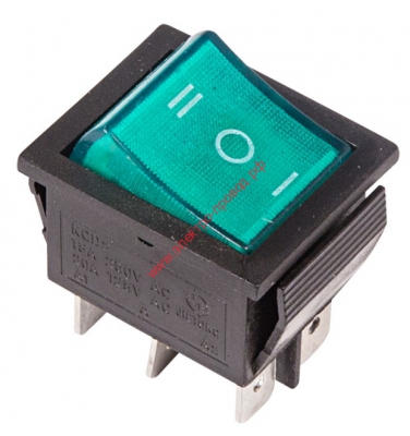 Переключатель клавишный 250В 15А (6с) ON-OFF-ON зелёный с подсветкой и нейтралью
